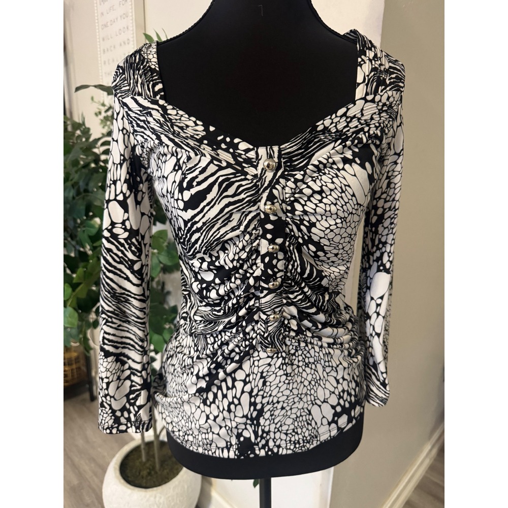 Y2K Cache Black White Animal Print Ruched Button Front Sweetheart XS would fit S
